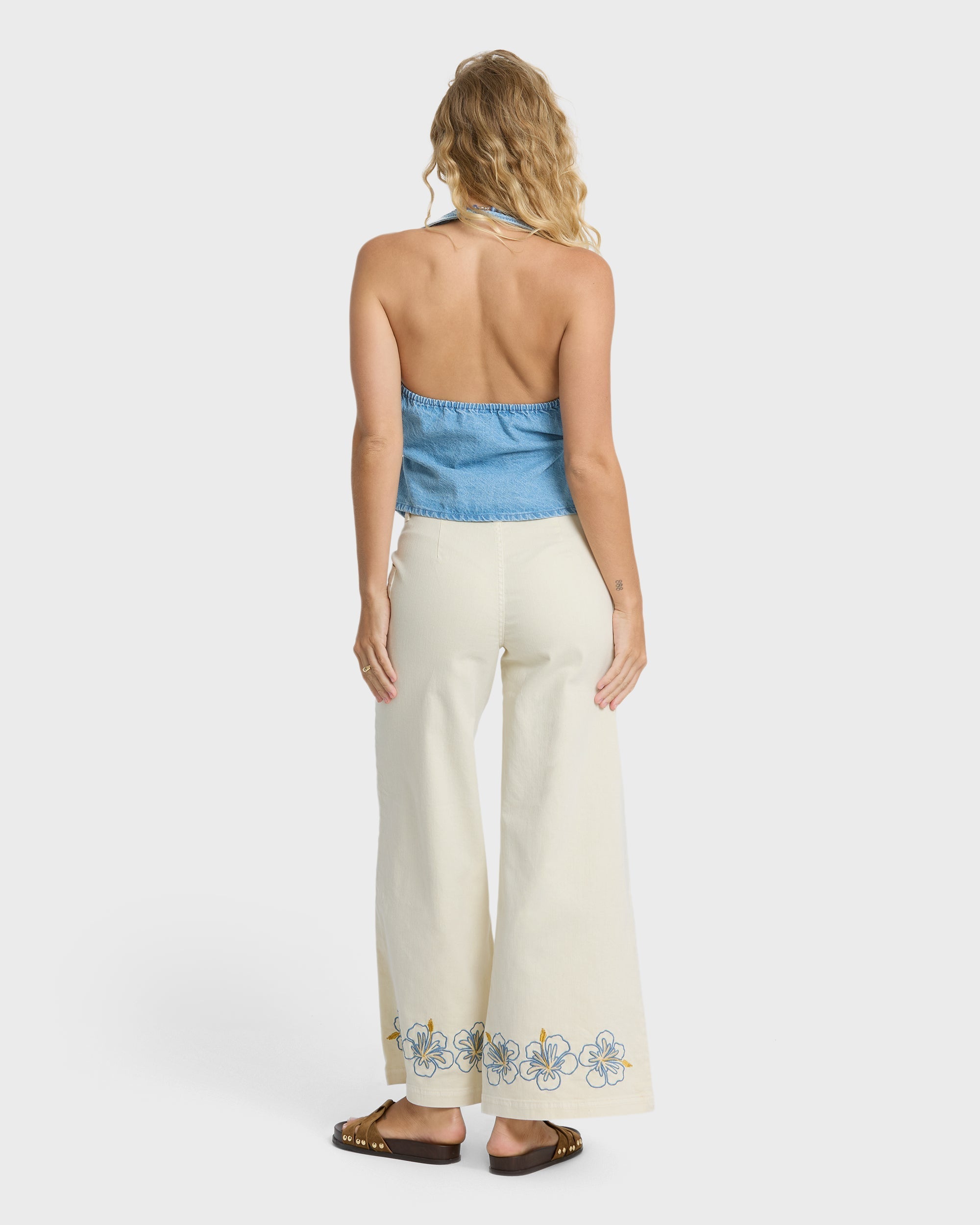 Hibiscus Wave 5-Pocket Pants - White Cap