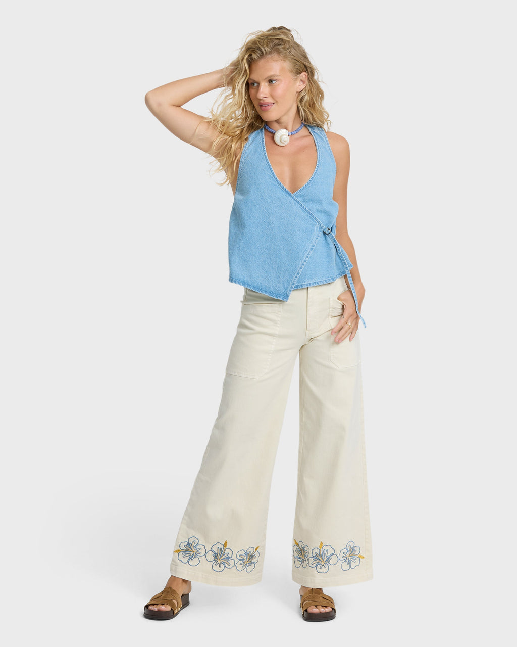 Hibiscus Wave 5-Pocket Pants - White Cap